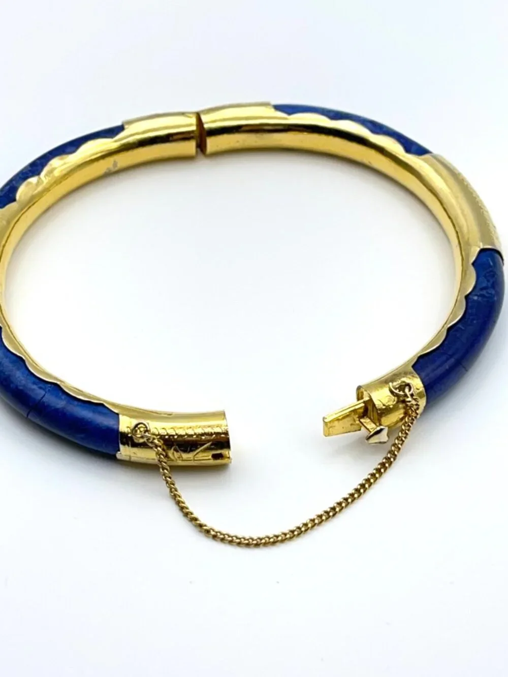 Vintage Blue Stone Gold Tone Hinged Bangle Bracelet